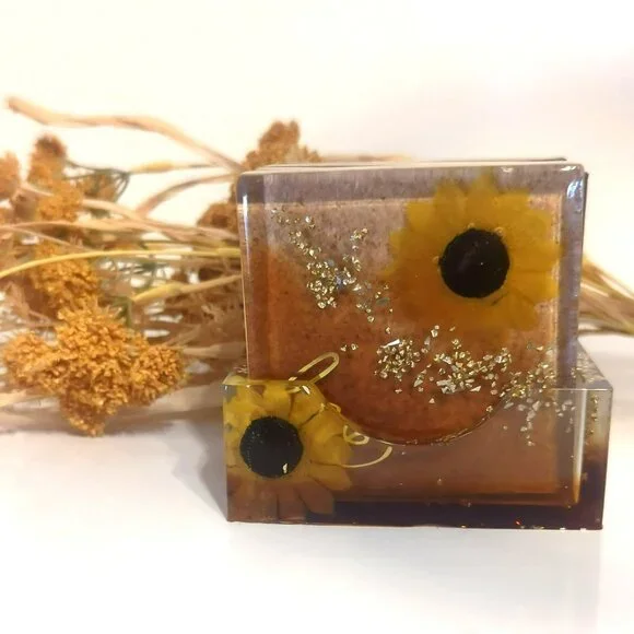 Handmade Resin Sunflower Coaster Set With Holder Inspirational Rustic Farmhouse - Picture 3 of 12